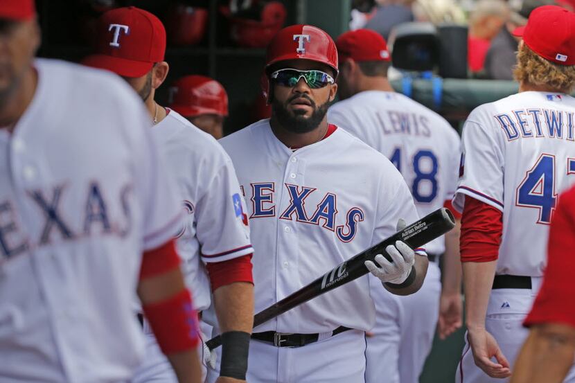 Texas Rangers first baseman Prince Fielder (84) is pictured in the dugout during the Houston...
