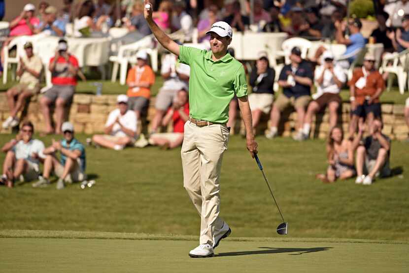Brendon Todd reacts after he made par on the 18th hole to win the HP Byron Nelson...