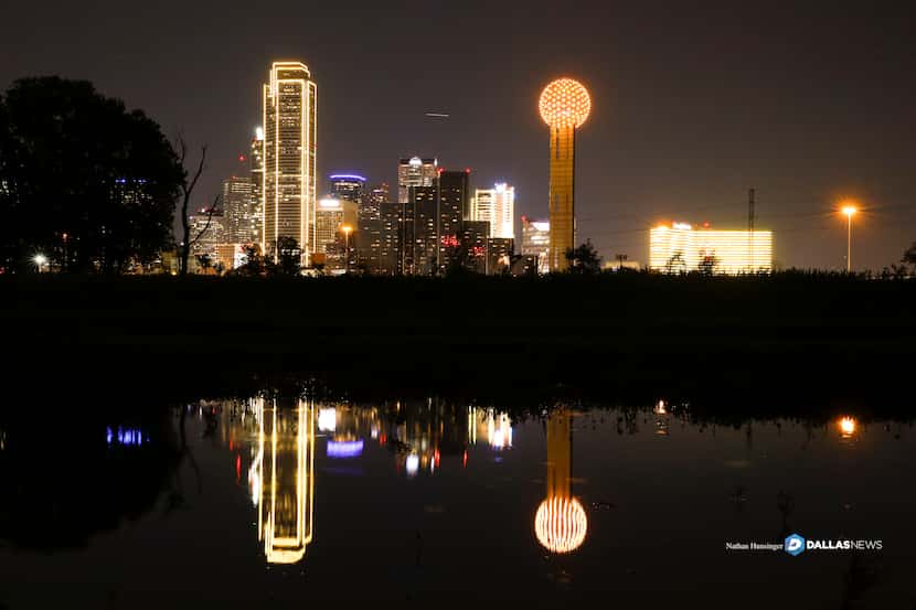 Downtown Dallas buildings lit in gold  in honor of the #BeGolden campaign in Dallas on April...
