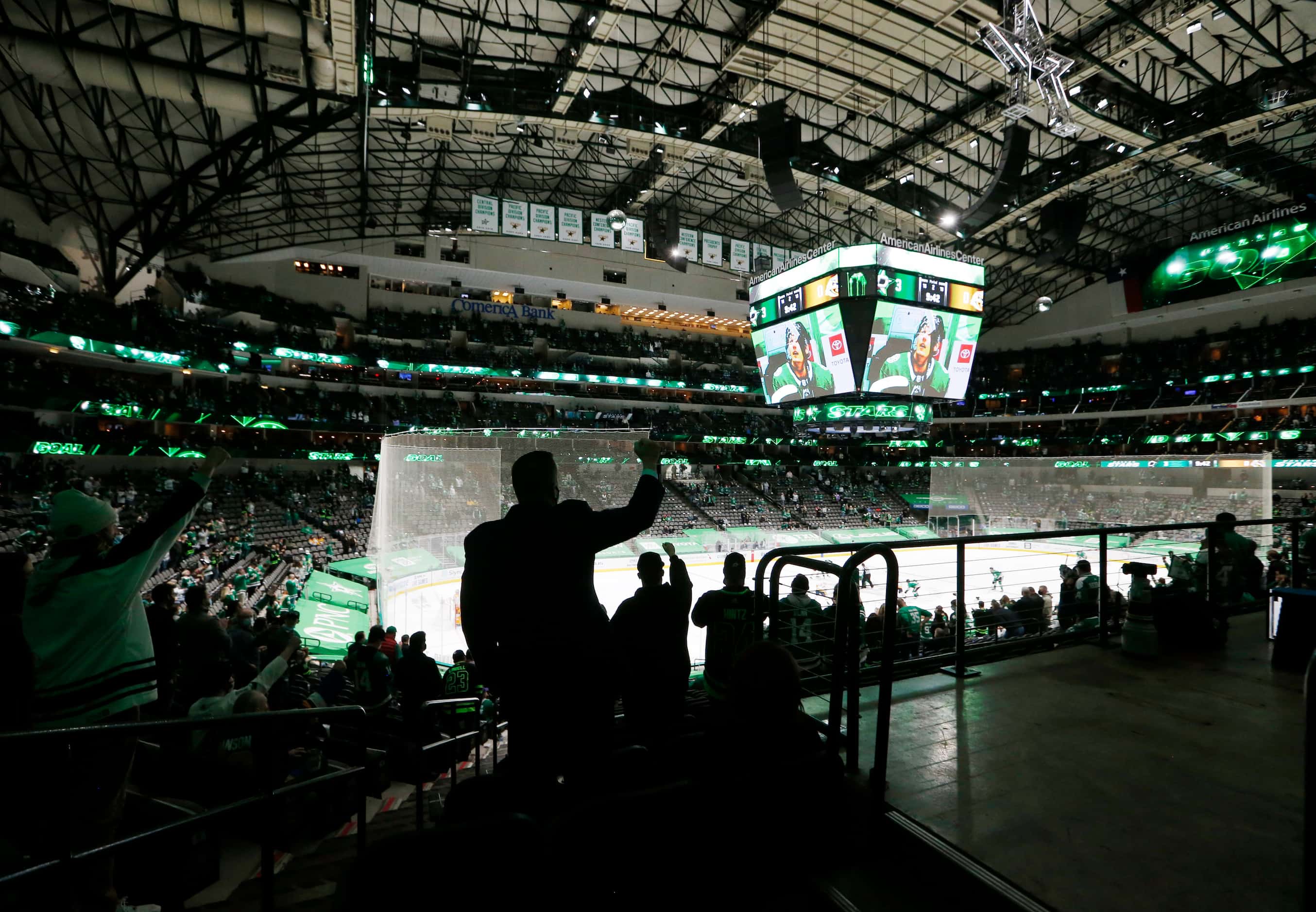 Dallas Stars fans celebrate the third goal of the game from Dallas Stars right wing Denis...