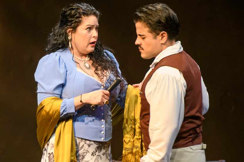 Mezzo Kirstin Chávez as Carlotta, left, and tenor César Delgado as Zorro in the Fort Worth...
