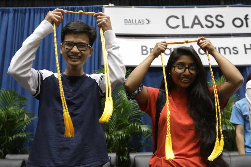 The co-valedictorians at Dallas' School of Health Professions rehearsed graduation on May...