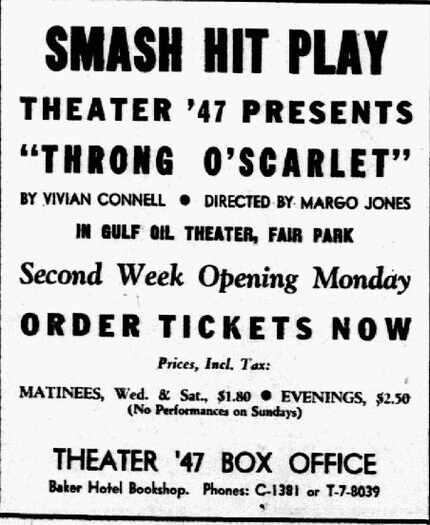 Advertisement for "Throng O'Scarlet" at the Gulf Oil Theater, published Dec. 7, 1947, in The...