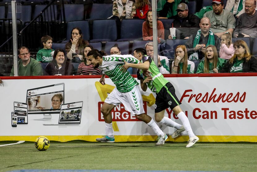 Cody Ellis of the Dallas Sidekicks bulls his way past a defender in the 2018-19 home opener....