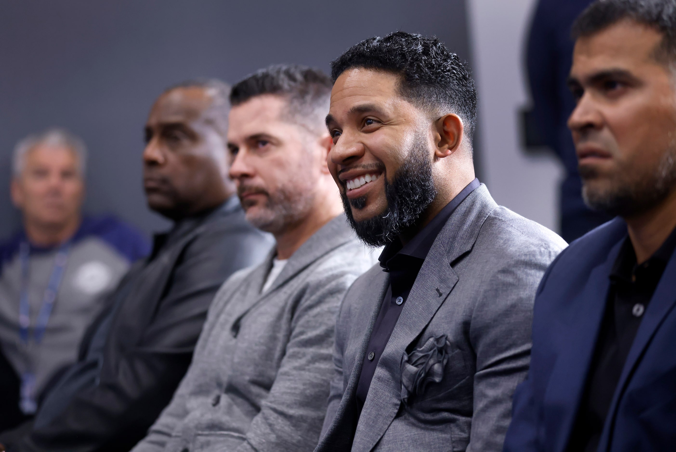 Former Texas Rangers shortstop Elvis Andrus smiles as his fellow infielder and friend Adrián...