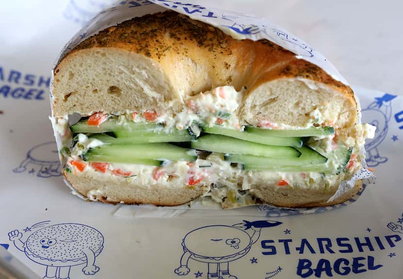 Starship's bagels are naturally vegan. This one's also vegetarian, with garden veggie...