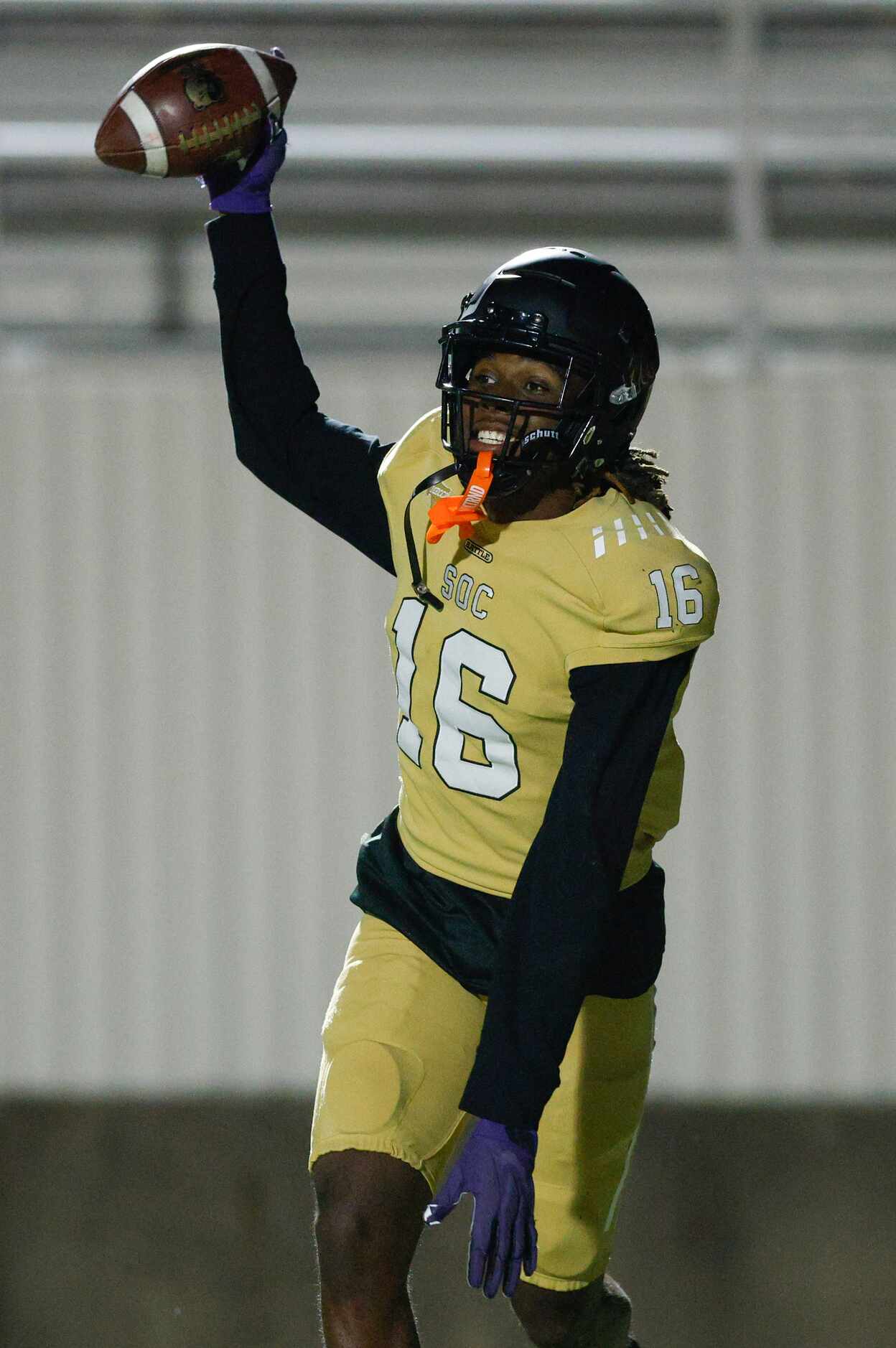 South Oak Cliff wide receiver Trey Jackson (16) celebrates after catching a touchdown pass...