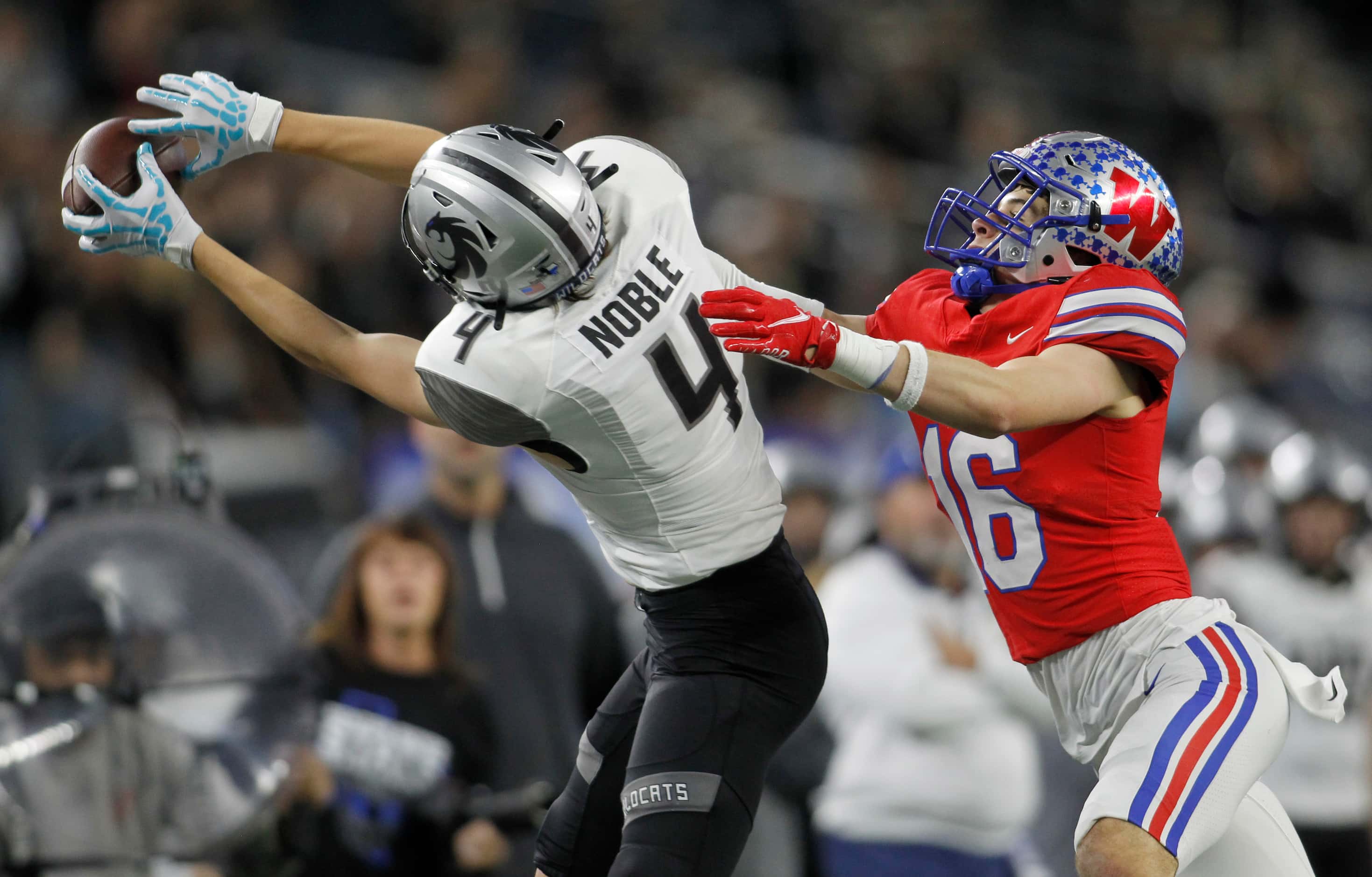 Denton Guyer receiver Brody Noble (4) stretches but is unable to pull in a long pass as he...