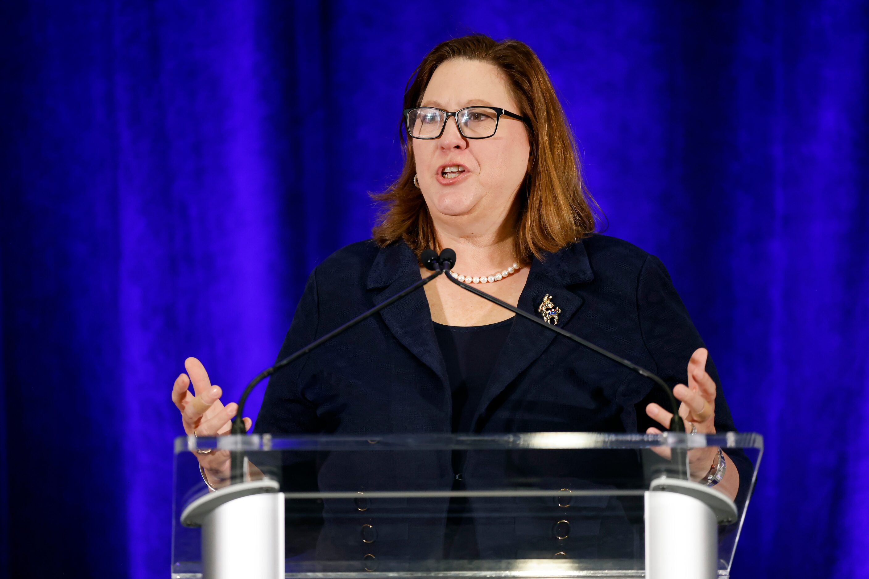 Speaker Julie Johnson delivers a message to those attending the Lady Bird Breakfast...