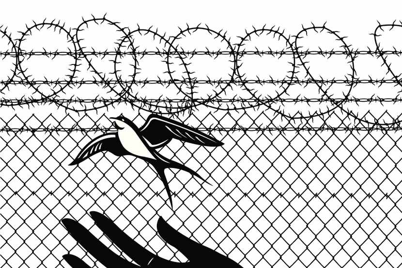 Graphic Black and White Illustration of an Open Hand releasing a Sparrow from Prison. Check...