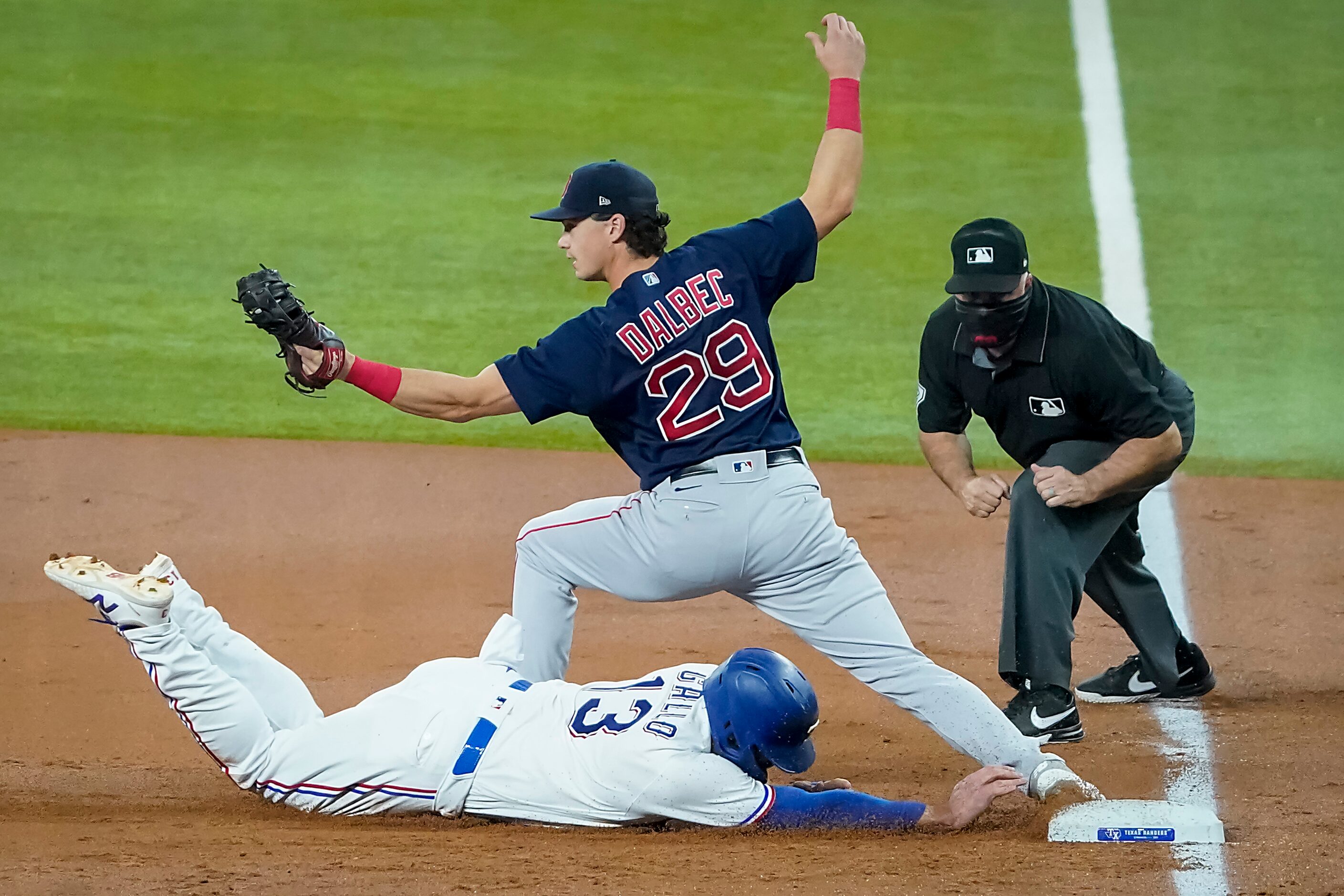 Texas Rangers right fielder Joey Gallo (13) is doubled off of first base on a line drive off...