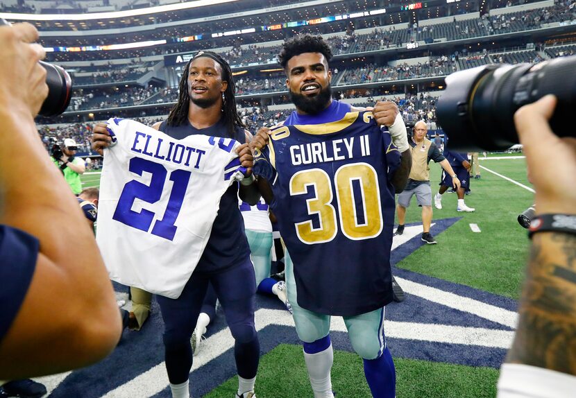 Dallas Cowboys running back Ezekiel Elliott (21) and Los Angeles Rams running back Todd...