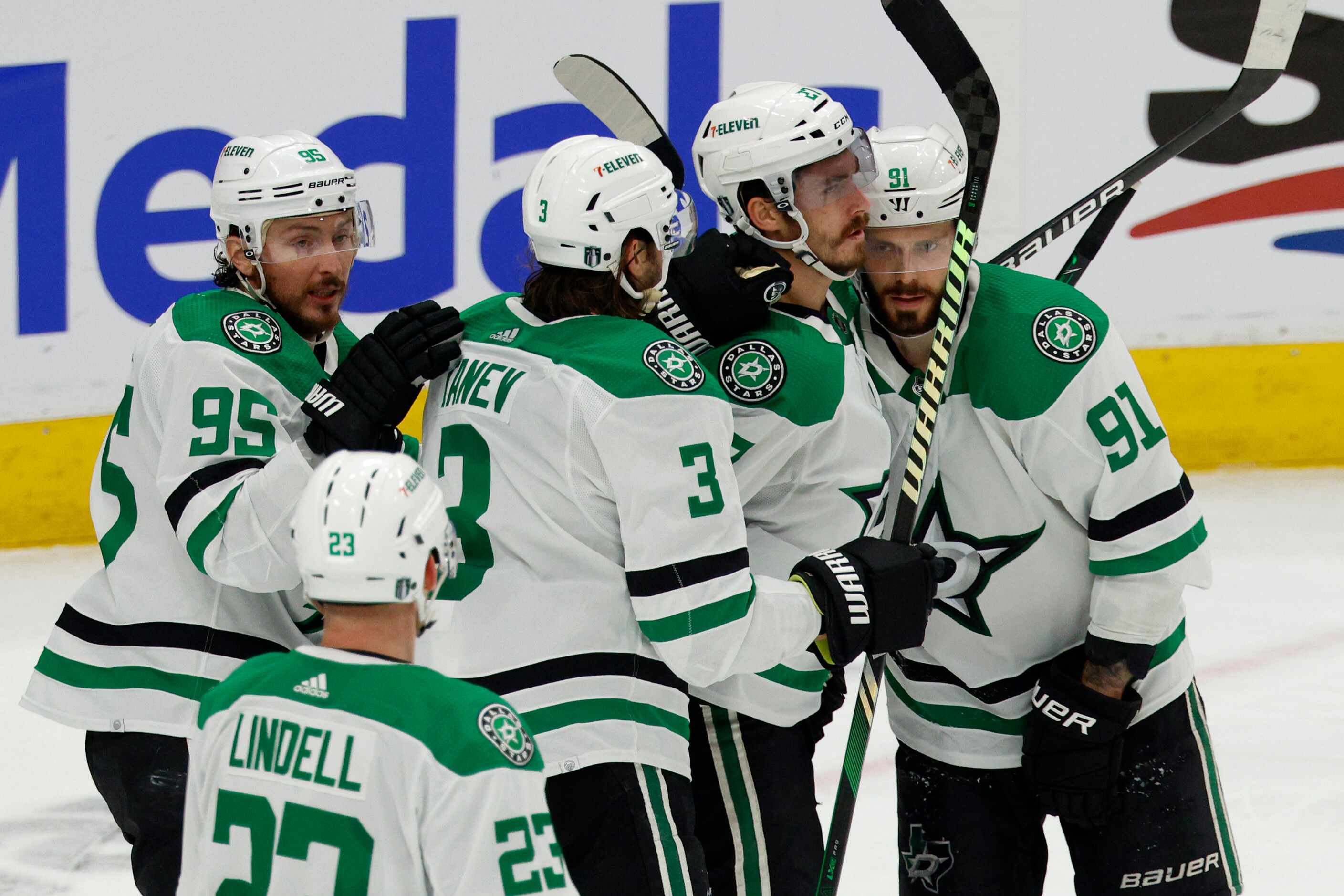 The Dallas Stars celebrate a goal by left wing Mason Marchment during the third period of...