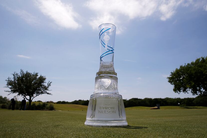 2020 AT&T Byron Nelson tournament trophy sits on the golf course at TPC Craig Ranch in...