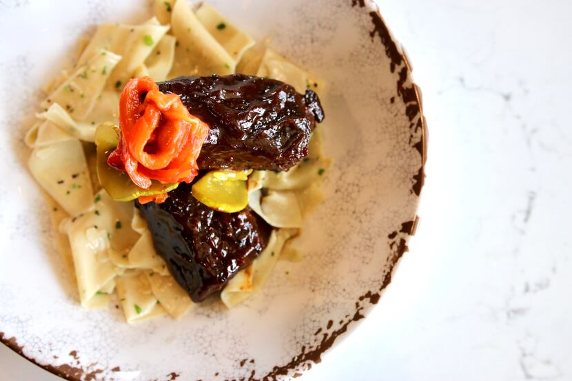 Chef Stephan Pyles' chipotle short ribs with pappardelle noodles utilize Fireside Pies'...