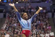 Simone Biles smiles after the floor exercise at the United States Gymnastics Olympic Trials...