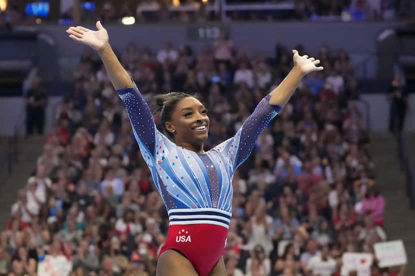 Simone Biles smiles after the floor exercise at the United States Gymnastics Olympic Trials...