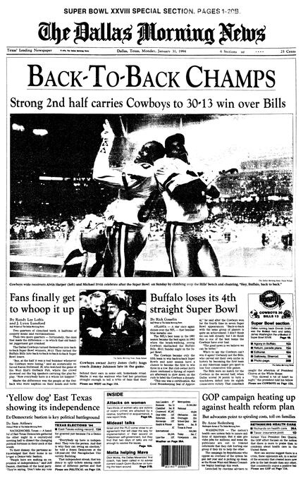 The front page of The Dallas Morning News on Jan. 31, 1994, after the Dallas Cowboys won...