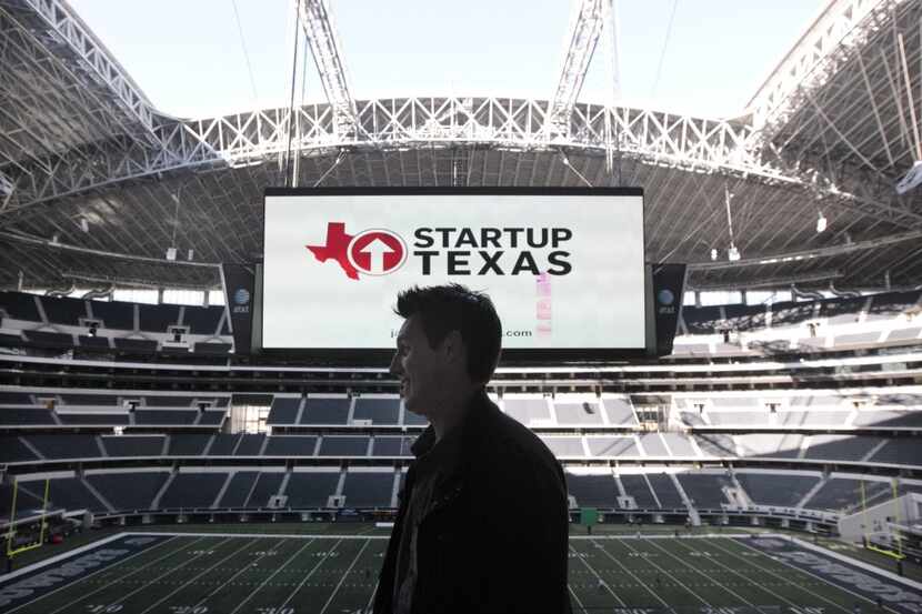  Jason Illian of Bookshout speaks at a startup event at AT&T Stadium. Bookshout has teamed...