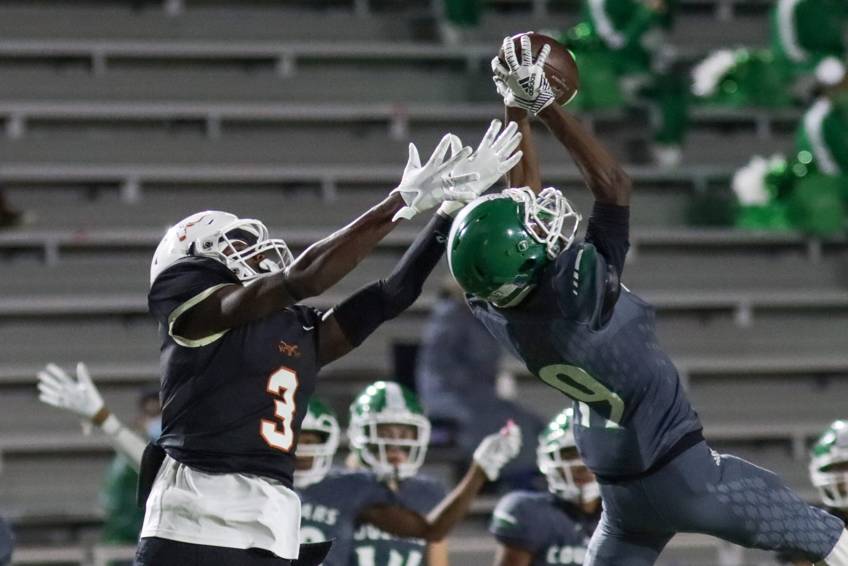 Bryan Adams cornerback Armonee King (19) intercepts the ball in front of W.T. White wide...