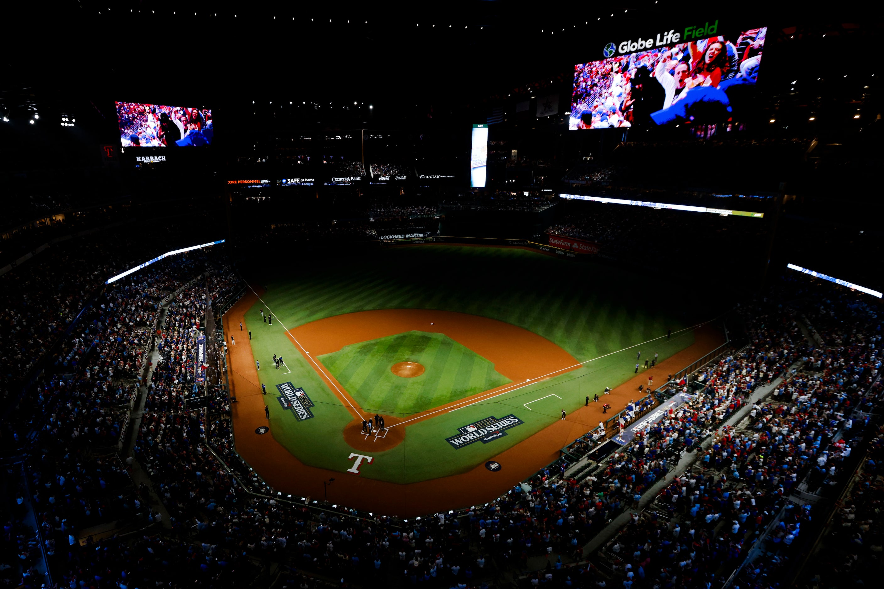 A light show takes place ahead of Game 2 of the World Series between the Texas Rangers and...