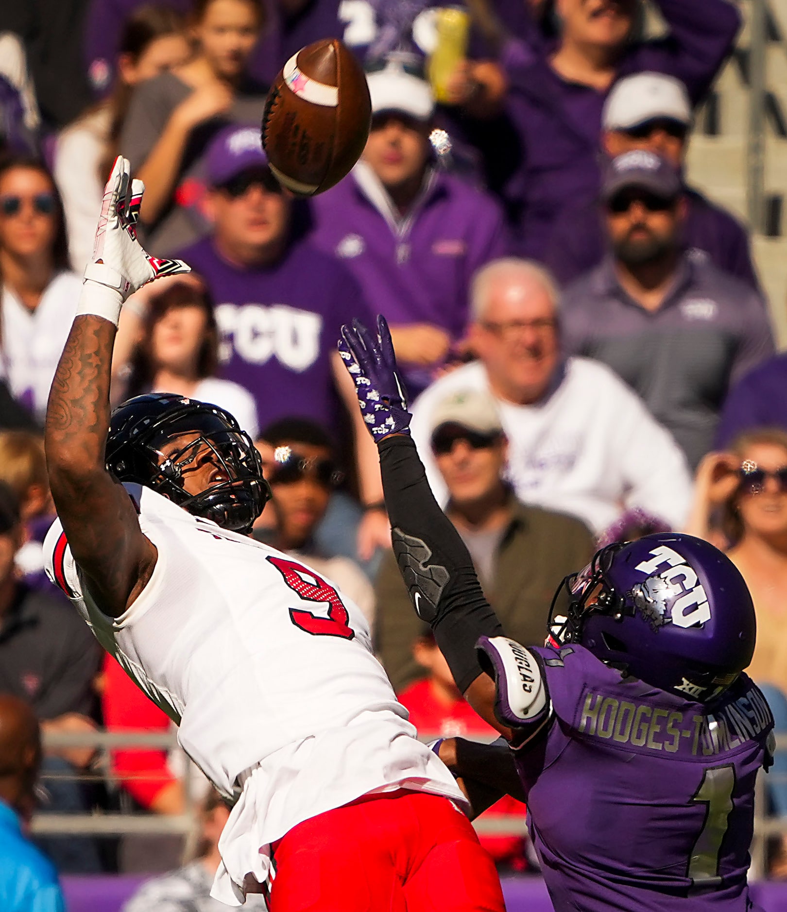 Texas Tech wide receiver Jerand Bradley (9) can’t make a catch as TCU cornerback Tre'Vius...