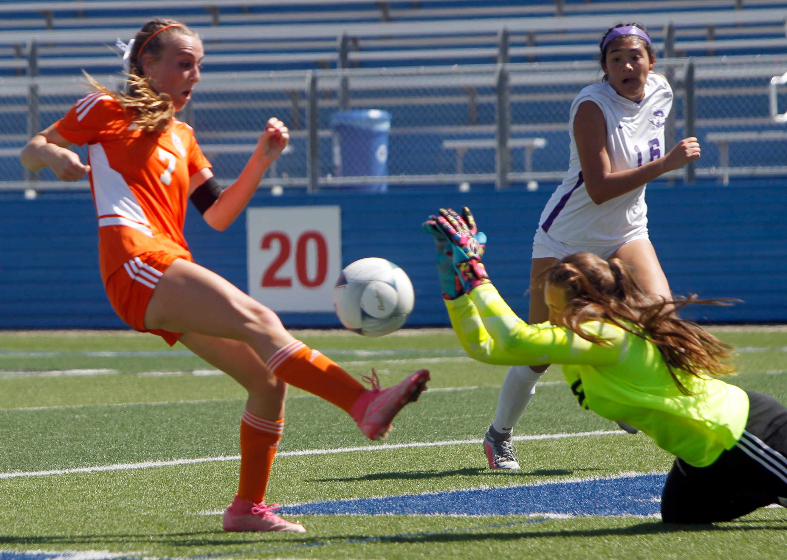Celina's Lexi Tuite (7) gets off a close range shot that was blocked by Boerne goalkeeper...