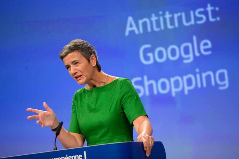 European Union Commissioner for Competition Margrethe Vestager speaks during a media...