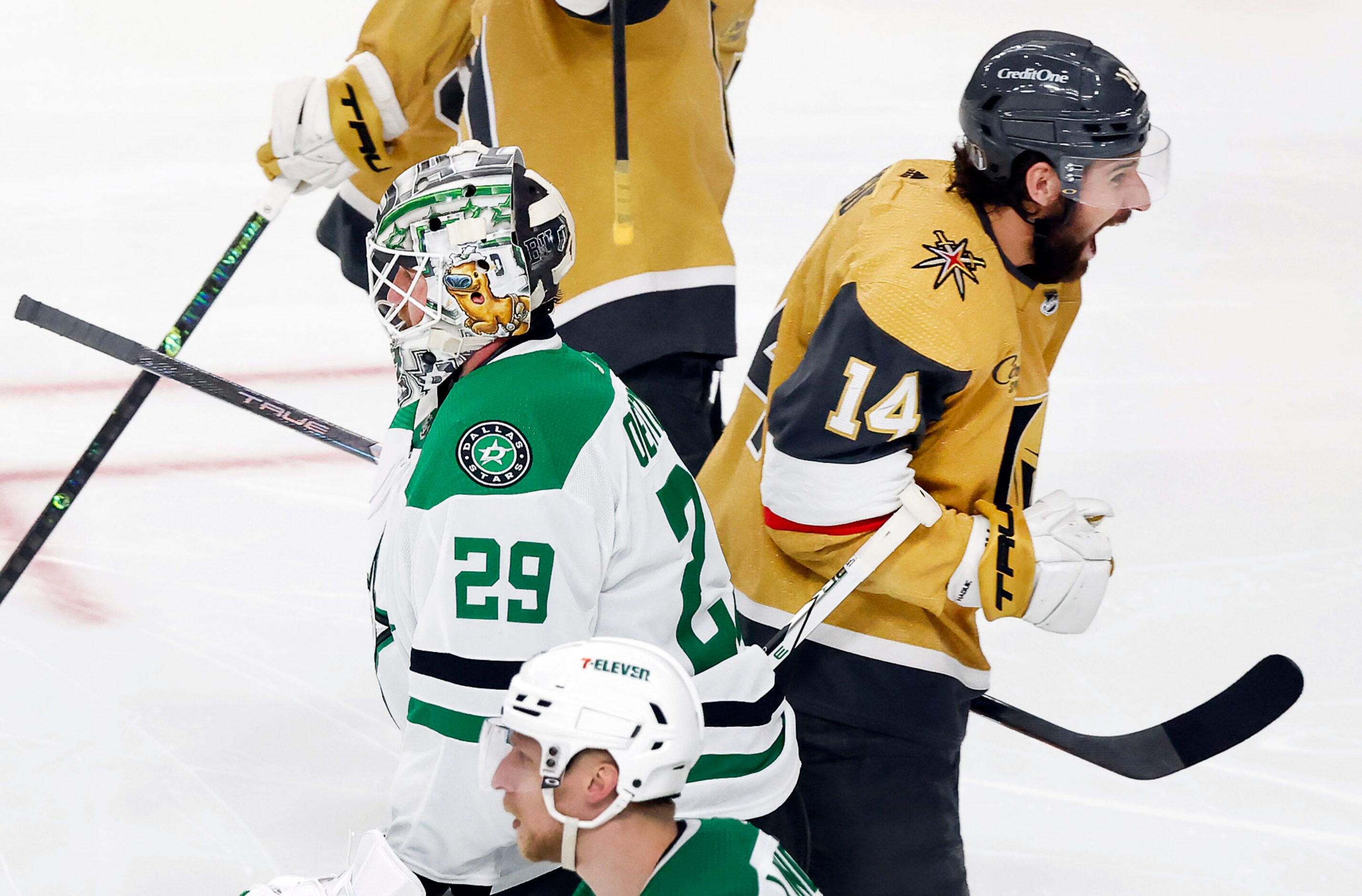 Vegas Golden Knights defenseman Nicolas Hague (14) celebrates their overtime win over Dallas...