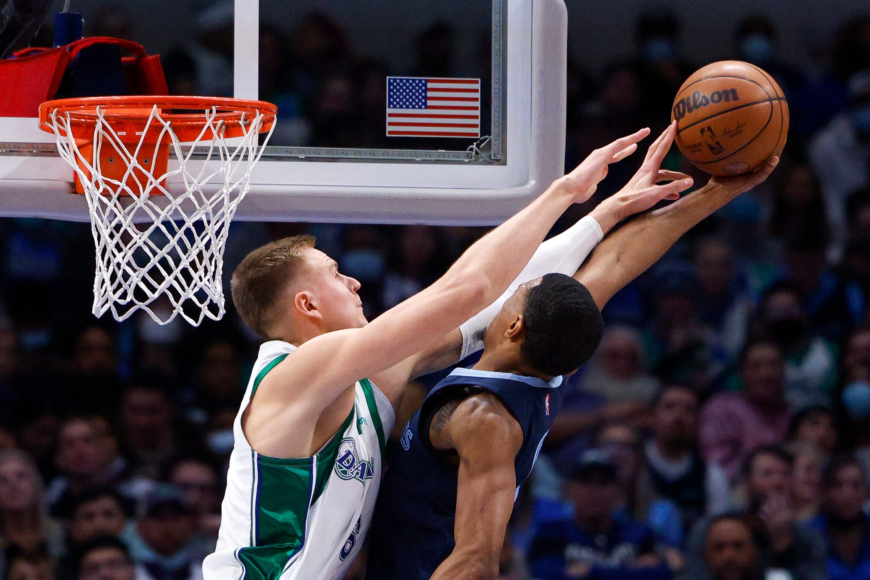 Dallas Mavericks center Kristaps Porzingis (6) blocks a shot attempt from Memphis Grizzlies...