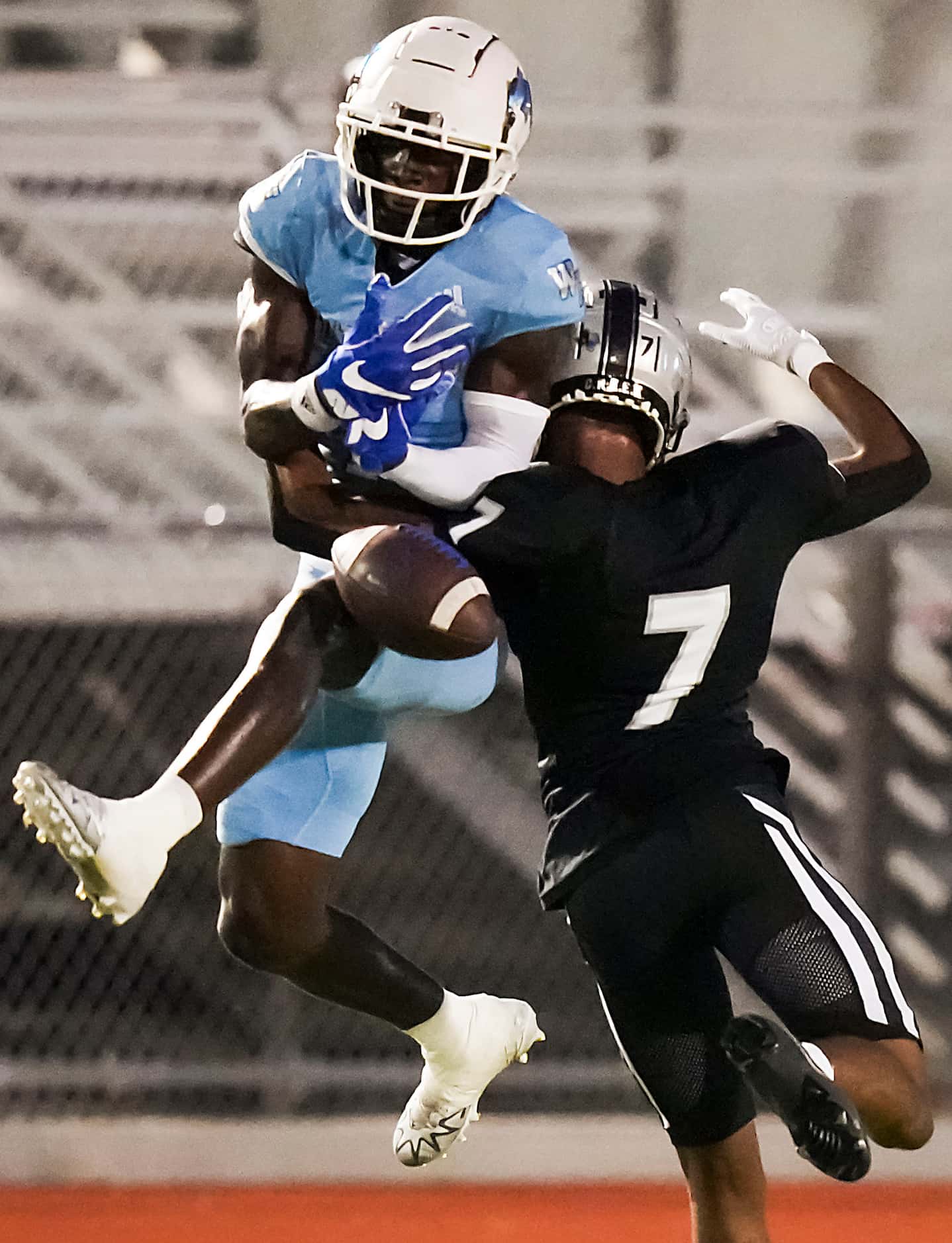 Panther Creek  defensive back Brycen Spencer (7) breaks up a pass intended for...
