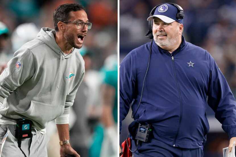 Dolphins coach Mike McDaniel (left) and Cowboys coach Mike McCarthy (right). Left photo from...