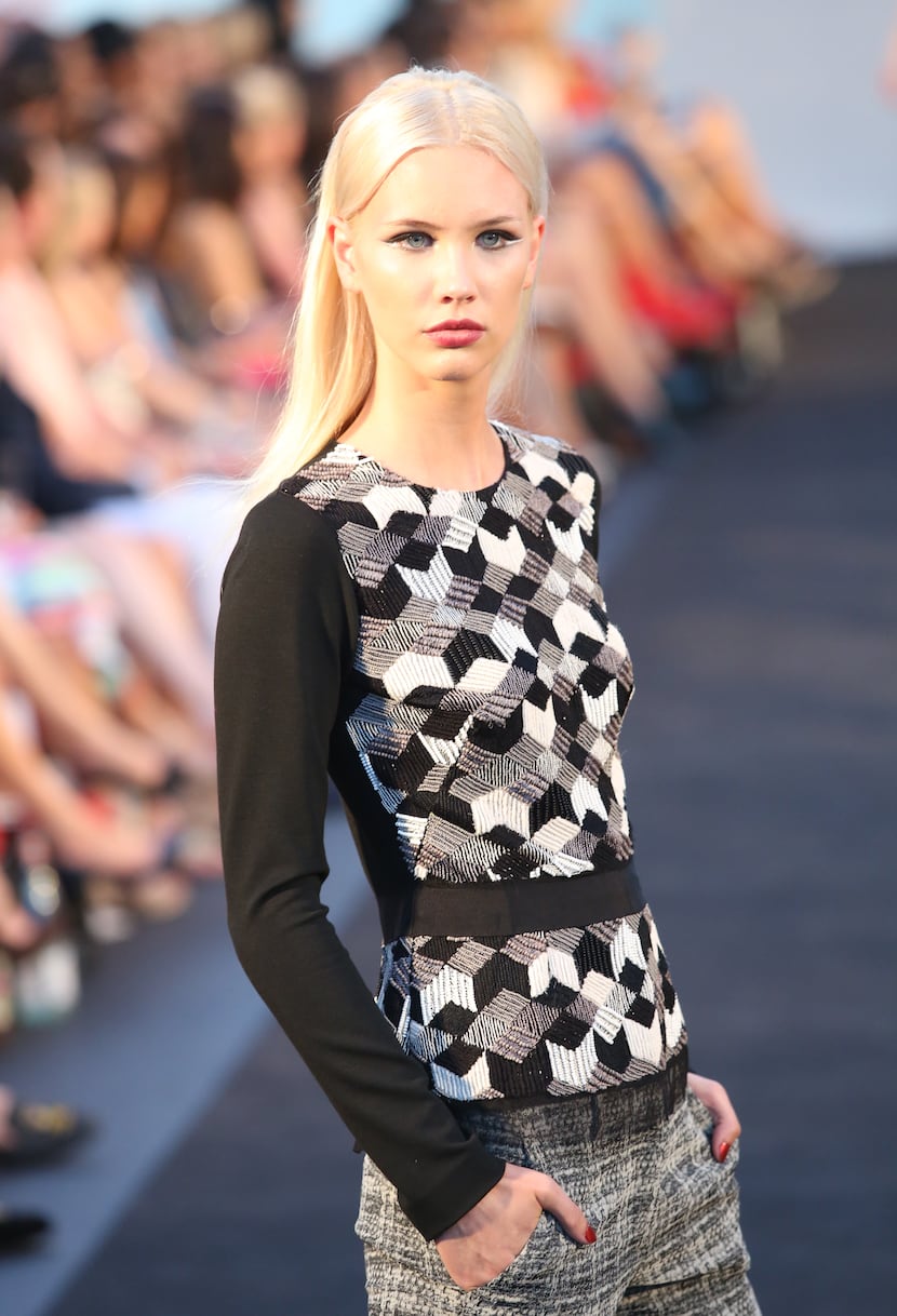 Model wearing Lela Rose during the fashion show at Fashion's Night Out at Highland Park...