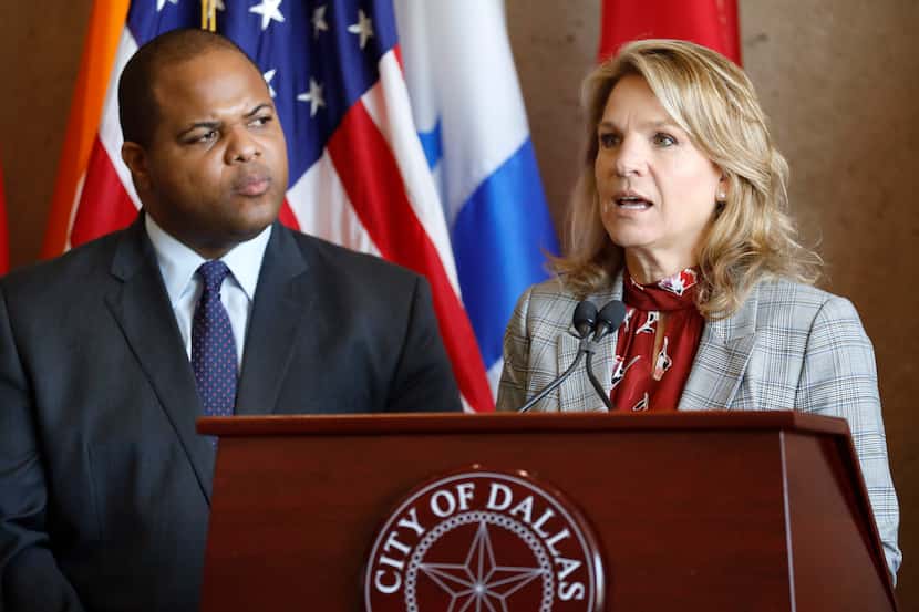 Dallas Mayor Eric Johnson and former City Council member Jennifer Staubach Gates in the City...