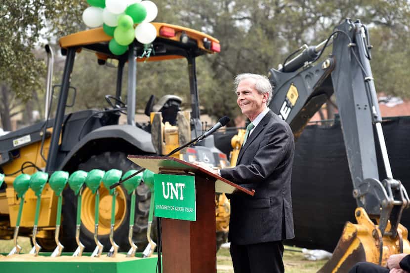 University of North Texas Chancellor Lee Jackson speaks to the crowd gathered for the ground...