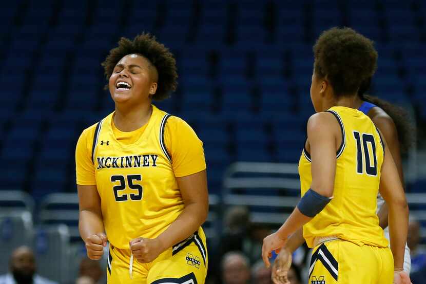 McKinney forward Nic Porter #25 reacts after fouling out in fourth quarter in 6A semifinal:...