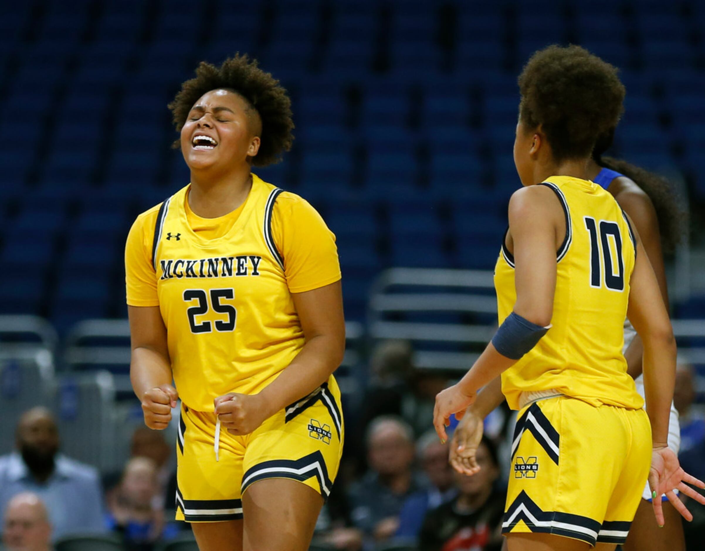 McKinney forward Nic Porter #25 reacts after fouling out in fourth quarter in 6A semifinal:...