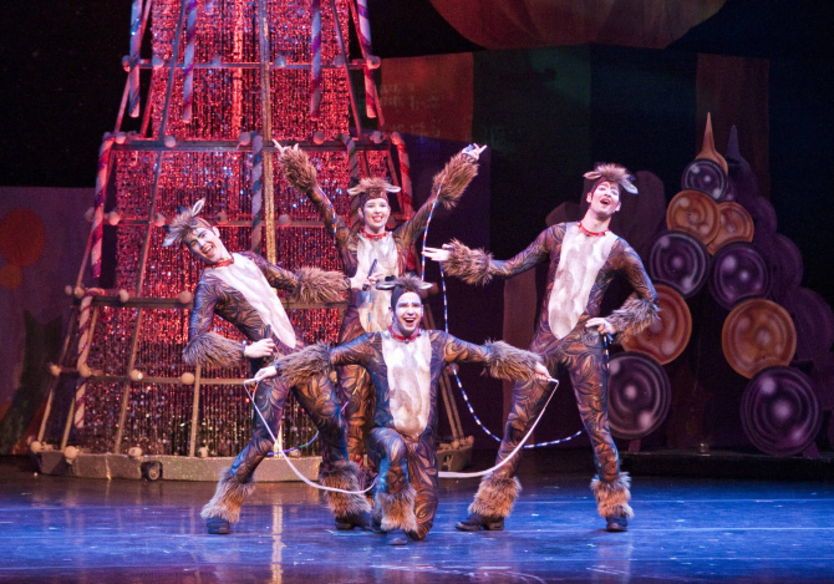 Performers dressed as reindeer perform a jump rope routine during a performance of 'Cirque...