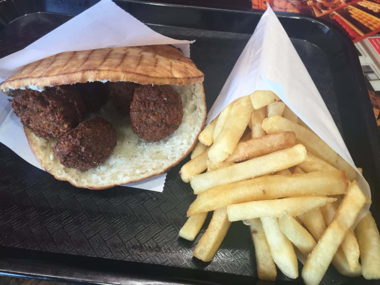 A naked falafel sandwich and fries at Amsterdam Falafelshop.