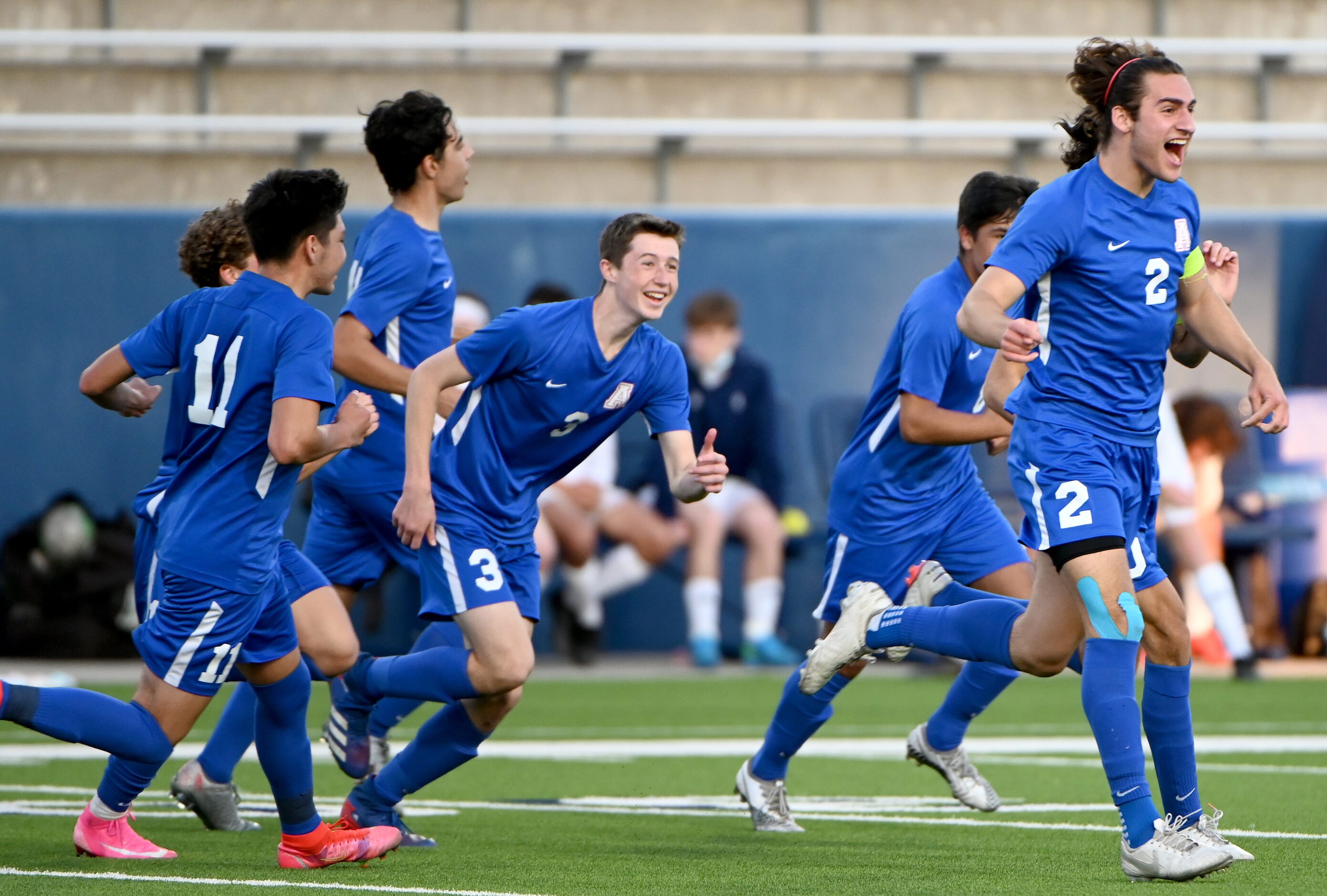 Allen’s Chase Duhon (2) celebrates a goal with his teammates in the second half of a high...