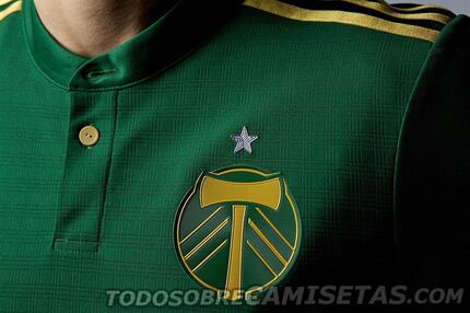 The 2017 Portland Timbers primary jersey, featuring a Henley collar