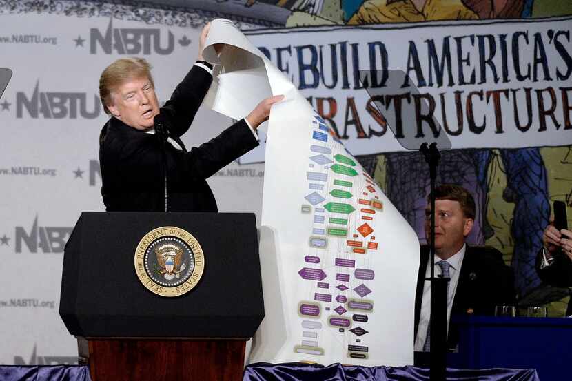 U.S. President Donald Trump holds a chart of regulations as he makes remarks at the 2017...
