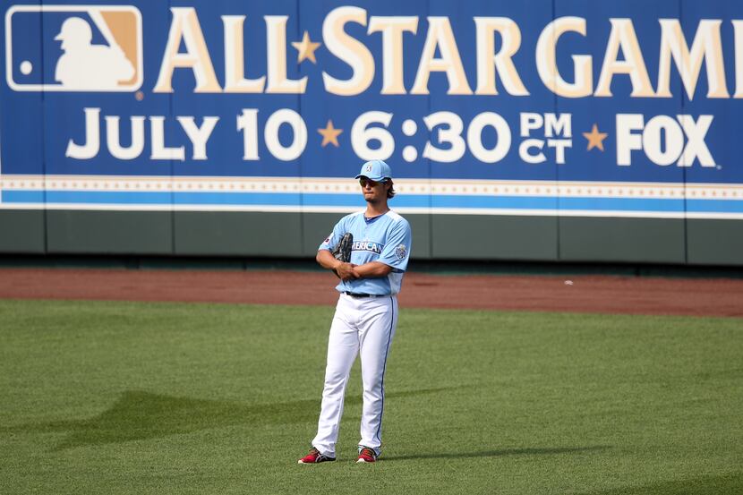 American League All-Star Yu Darvish (11) of the Texas Rangers stands in the outfield during...