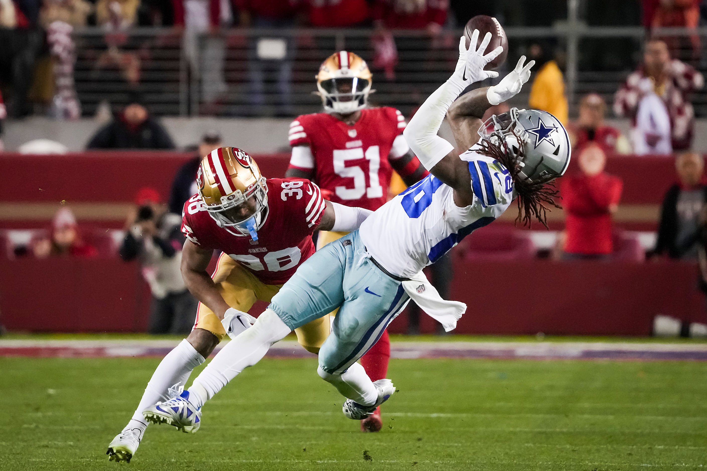 Dallas Cowboys wide receiver CeeDee Lamb (88) hauls in a 46-yard pass as San Francisco 49ers...