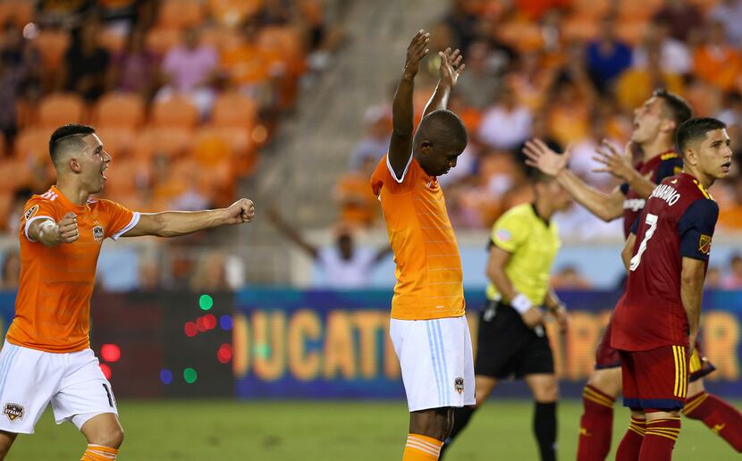 Houston Dynamo midfielder Oscar Garcia (27) celebrates his goal against Real Salt Lake...