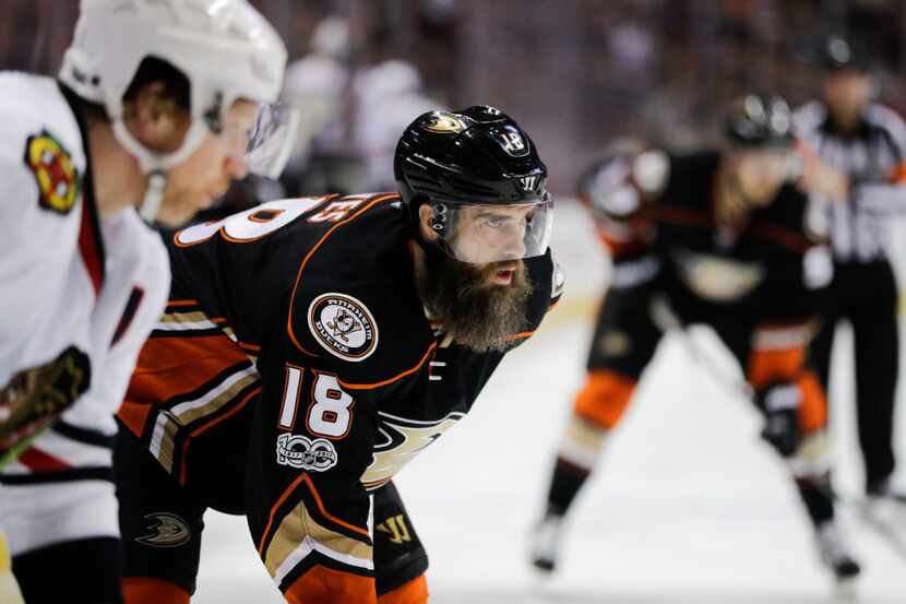 Anaheim Ducks' Patrick Eaves looks on during the second period of an NHL hockey game against...