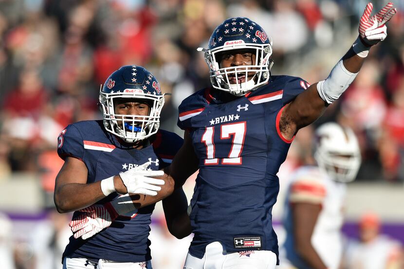 Ryan senior defensive back Rondarius McGarr (17) and Ryan senior defensive back Tamar Butts...