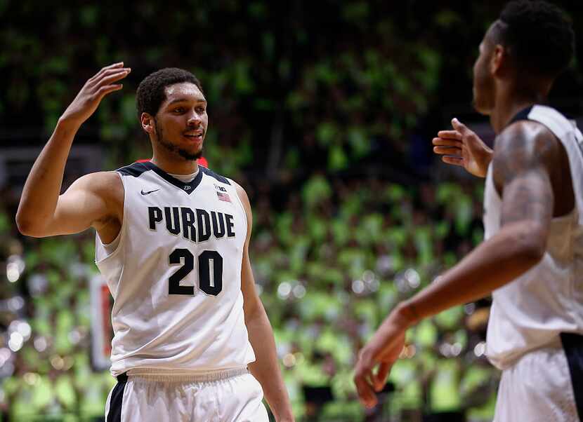 WEST LAFAYETTE, IN - JANUARY 21: A.J. Hammons #20  and Vince Edwards #12 of the Purdue...
