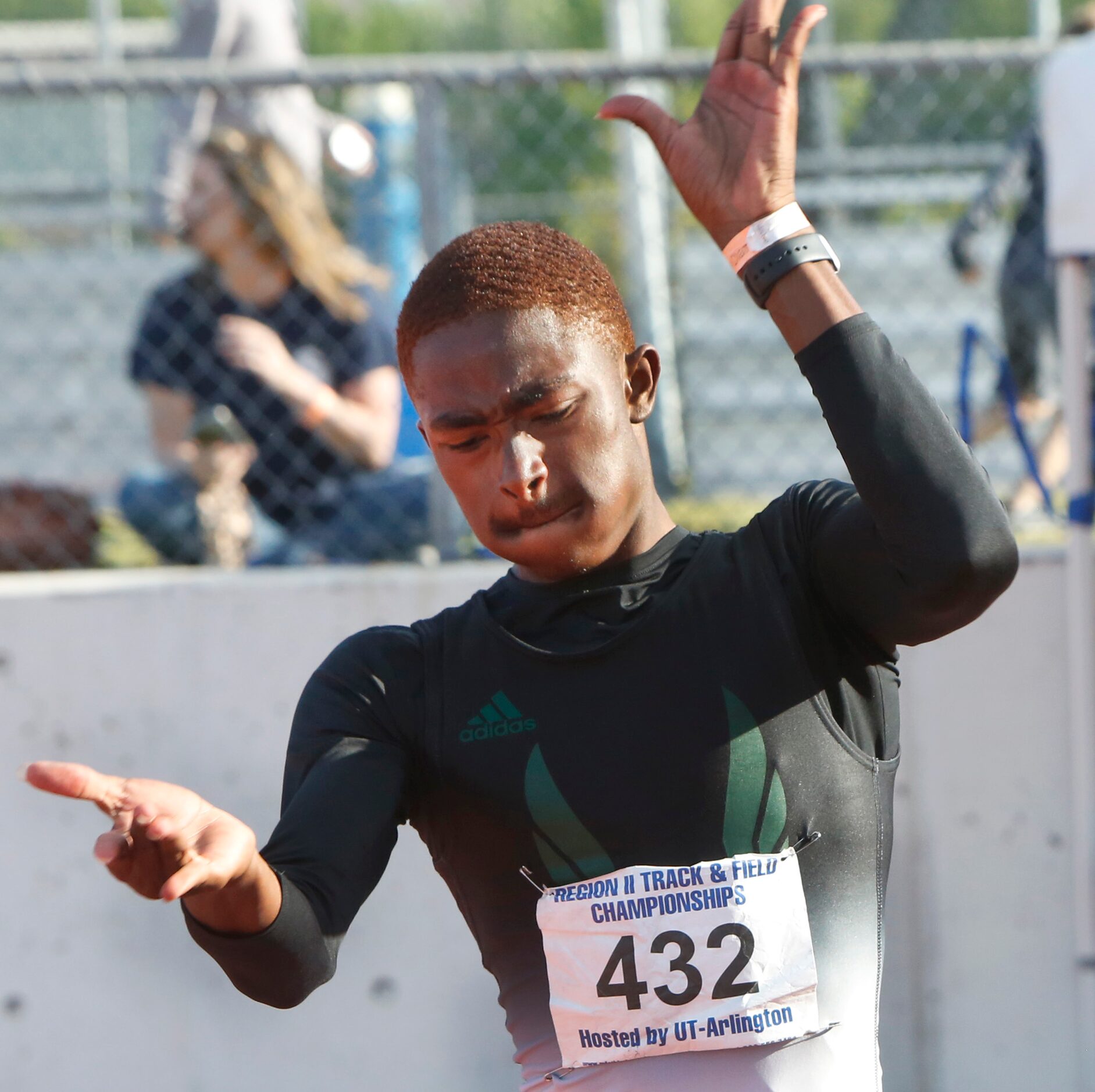 Mesquite Poteet's Kendrick Smallwood celebrates his first place win in the Class 5A Boys 110...