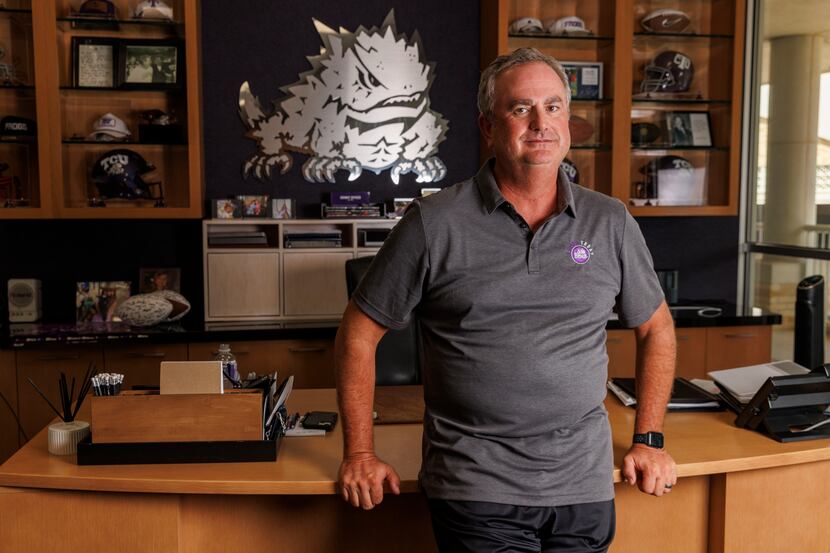 TCU head coach Sonny Dykes pictured in his office at Amon G. Carter Stadium in Fort Worth,...